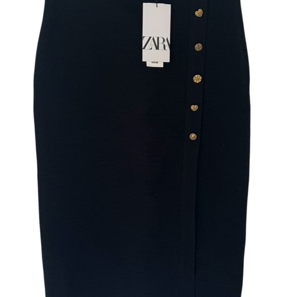 Zara Buttoned Black Textured Knit Midi Skirt Gold Side Buttons & Slit Size L - Picture 4 of 10